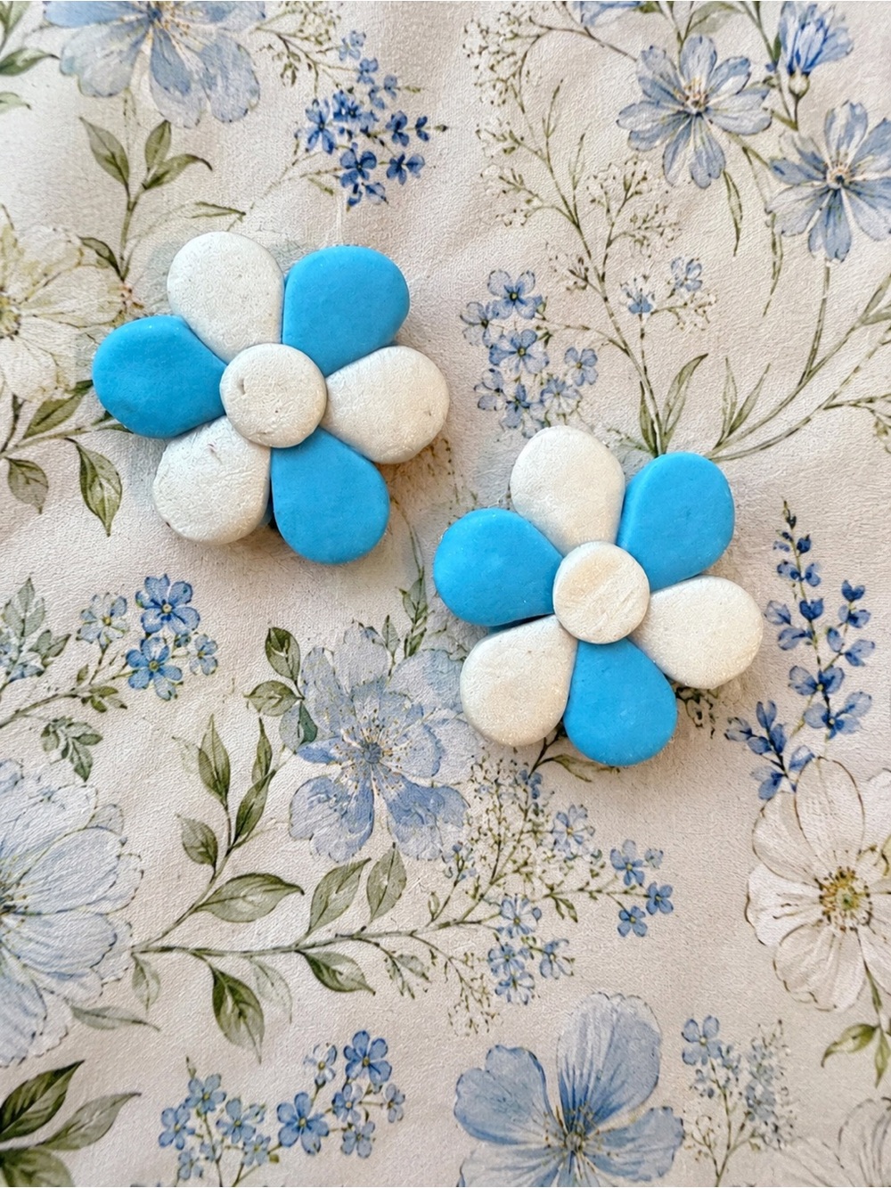Two-Tone Flower Handmade Polymer Clay Earrings in Blue and White